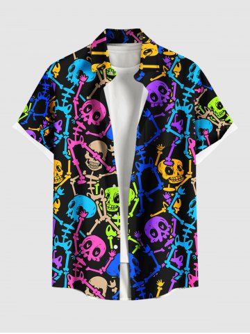 Plus Size Colorful Skeleton Print Hawaii Button Pocket Shirt For Men - BLACK - 5XL