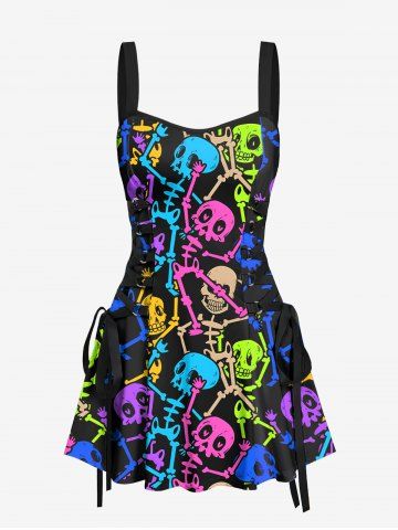 Colorful Skeleton Print Hawaii Lace Up A Line Tank Dress - BLACK - XS