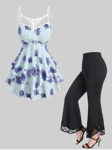Rose Flower Tie Dye Print Cut Out Ruffles Top and Lace Panel High Waisted Flare Pants Plus Size Outfit