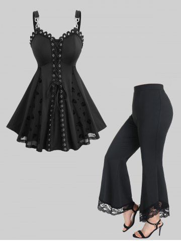 Floral Mesh Embroidery Jacquard Patchwork Top and Lace Panel High Waisted Flare Pants Plus Size Outfit