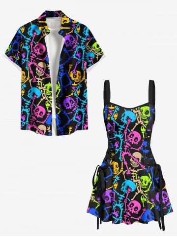 Colorful Skeleton Print Matching Hawaii Beach Outfit For Couples