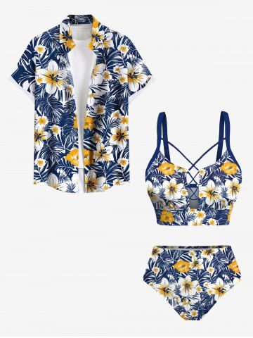 Maillot de bain grande taille à imprimé feuilles tropicales et fleurs d&#39;hibiscus, tenue de plage hawaïenne assortie pour couples - BLUE