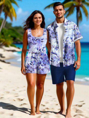 Matching Hawaii Shirt and Romper Plus Size Beach Outfit Tropical Leaf Hibiscus Printed for Couples - PURPLE