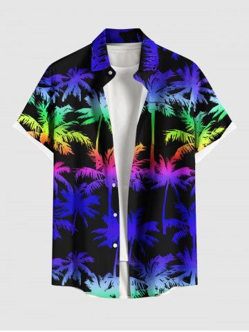 Plus Size Colorful Ombre Coconut Tree Print Hawaii Button Pocket Shirt For Men - BLUE - S