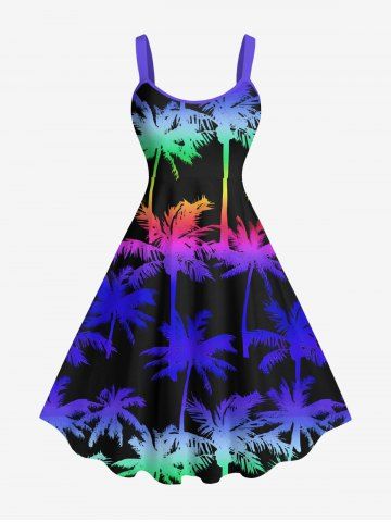 Plus Size Colorful Ombre Coconut Tree Print Hawaii A Line Tank Dress - BLUE - 4X