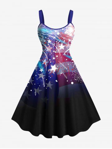 Plus Size Ombre Patriotic American Flag Fireworks Print Hawaii A Line Tank Dress