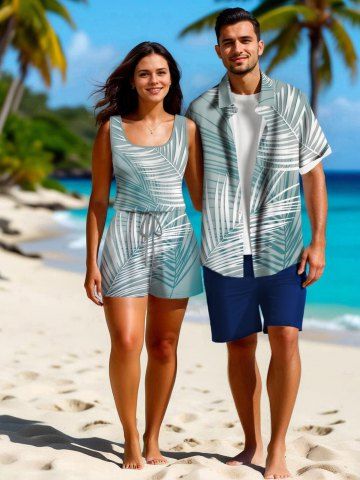 Matching Hawaii Shirt and Romper Plus Size Beach Outfit Tropical Leaf Ombre Printed for Couples - LIGHT GREEN