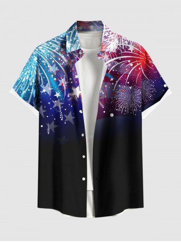 Plus Size Ombre Patriotic American Flag Fireworks Print Hawaii Button Pocket Shirt For Men - BLACK - 5XL