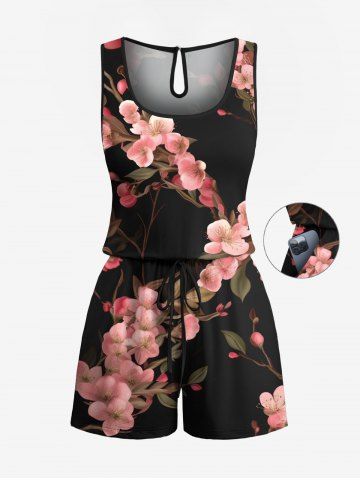 Plus Size Ombre Floral Branch Print Hawaii Drawstring Pocket Romper - BLACK - 1X