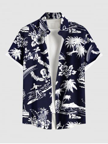Plus Size Coconut Tree Sea Hibiscus Floral Pineapple Print Hawaii Button Pocket Shirt For Men - BLACK - XL