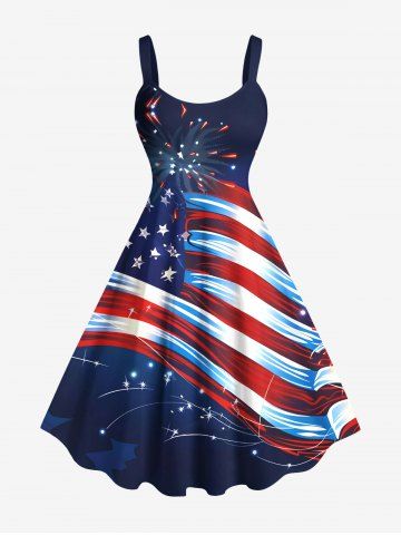 Plus Size Patriotic American Flag Fireworks Print A Line Tank Dress - BLUE - 5X