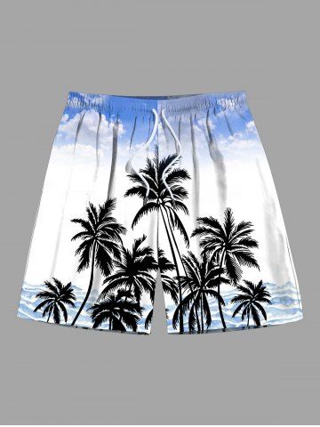 Plus Size Coconut Tree Ombre Sky Print Hawaii Drawstring Beach Shorts For Men - BLUE - 7XL