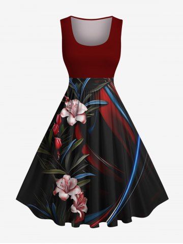 Plus Size Floral Leaves Curve Ombre Print Hawaii A Line Dress - BLACK - 5X