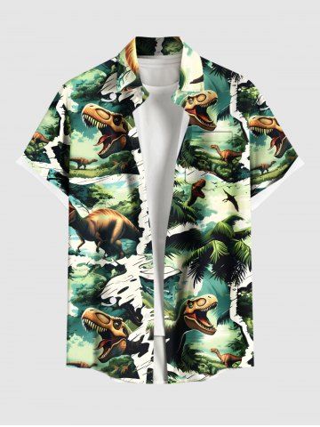Plus Size Coconut Tree Dinosaur Forest Print Hawaii Button Pocket Shirt For Men - GREEN - 2XL
