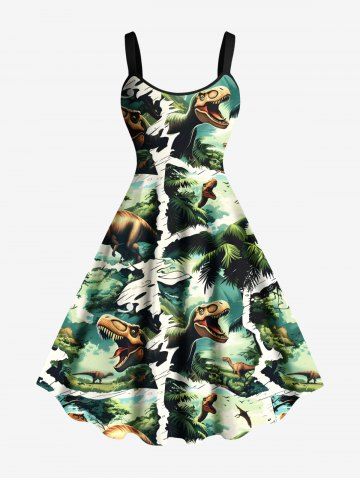 Plus Size Coconut Tree Dinosaur Forest Print Hawaii A Line Tank Dress - GREEN - S