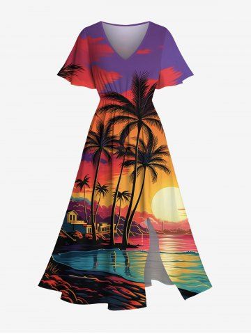 Plus Size Coconut Tree Sun Seascape Colorful Cloud Print Split Hawaii Midi Dress - MULTI-A - XXS