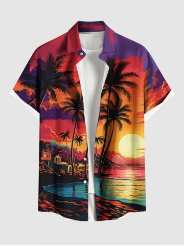Plus Size Coconut Tree Sun Seascape Colorful Cloud Print Buttons Pocket Hawaii Shirt For Men - ORANGE - 6XL