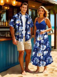 Tenue de plage hawaïenne assortie grande taille à imprimé floral pour couples - Bleu profond 