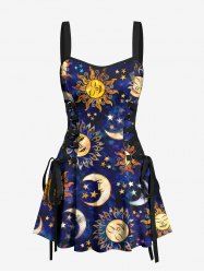 Galaxy Tie Dye Sun Moon Star Print Lace Up Hawaii Tank Dress -  