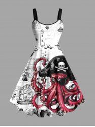 Robe débardeur trapèze grande taille à imprimé tête de mort, pieuvre, pirate, voilier, croisière hawaïenne - Blanc 2X