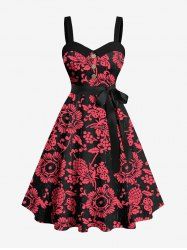 Plus Size Floral Pine Cones Print Hawaii Button A Line Tank Dress with Removable Belt -  