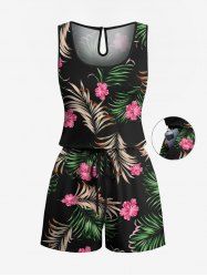 Plus Size Tropical Leaves Floral Print Hawaii Drawstring Pocket Romper -  