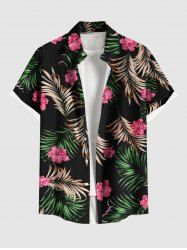 Plus Size Tropical Leaves Floral Print Hawaii Button Pocket Shirt For Men -  