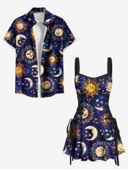Galaxy Tie Dye Sun Moon Star Print Matching Hawaii Beach Outfit For Couples -  