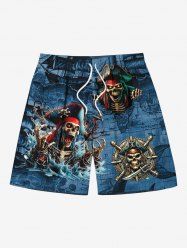 Plus Size Skull Skeleton Pirate Sea Waves Print Hawaii Cruise Drawstring Beach Shorts For Men -  