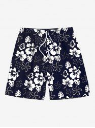 Plus Size Hibiscus Flower Print Hawaii Drawstring Beach Shorts For Men -  