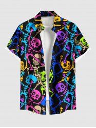 Plus Size Colorful Skeleton Print Hawaii Button Pocket Shirt For Men -  