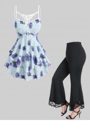 Rose Flower Tie Dye Print Cut Out Ruffles Top and Lace Panel High Waisted Flare Pants Plus Size Outfit -  