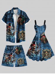Skull Pirate Sea Waves Sailboat Print Plus Size Matching Hawaii Cruise Beach Outfit For Couples -  