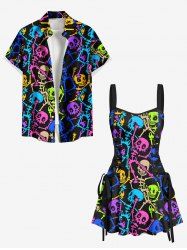 Colorful Skeleton Print Matching Hawaii Beach Outfit For Couples -  