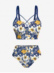 Tropical Leaf Hibiscus Flower Print Hawaii Lace Up Tankini Top and Swim Bottom Plus Size Matching Set -  