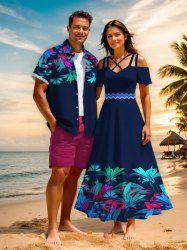 Tropical Leaf Zig Zag Print Plus Size Matching Hawaii Beach Outfit For Couples -  