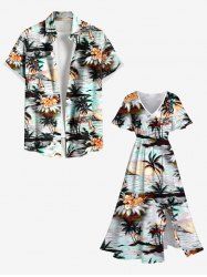 Tenue de plage hawaïenne assortie grande taille à imprimé cocotier et fleurs d'hibiscus pour couples - Blanc 
