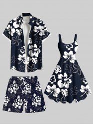 Tropical Leaf Hibiscus Flower Two Tone Print Plus Size Matching Hawaii Beach Outfit For Couples -  