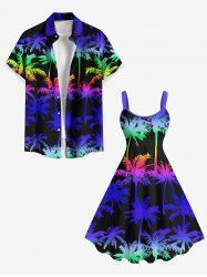 Tenue de plage hawaïenne assortie grande taille à imprimé cocotiers colorés pour couples - Bleu 
