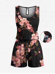 Plus Size Ombre Flower Branch Print Hawaii Drawstring Pocket Romper -  