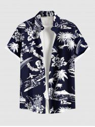Plus Size Coconut Tree Sea Hibiscus Floral Pineapple Print Hawaii Button Pocket Shirt For Men -  