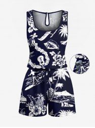 Plus Size Coconut Tree Sea Hibiscus Flower Pineapple Print Hawaii Drawstring Pocket Romper -  