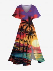 Robe mi-longue hawaïenne fendue grande taille à imprimé cocotier, soleil, paysage marin, nuages colorés - Multi-A 6X