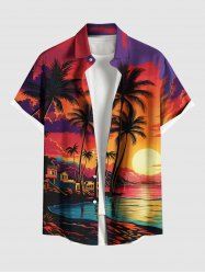 Plus Size Coconut Tree Sun Seascape Colorful Cloud Print Buttons Pocket Hawaii Shirt For Men -  