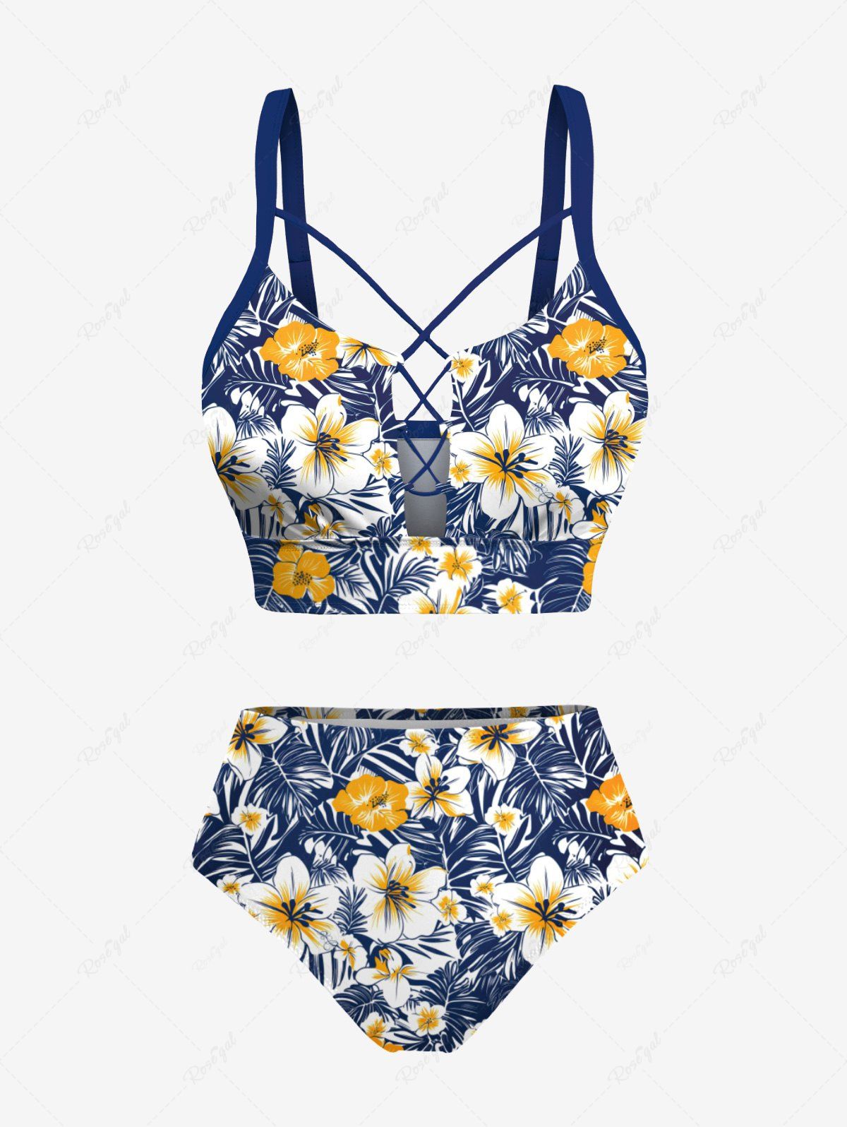 Shop Tropical Leaf Hibiscus Flower Print Hawaii Lace Up Tankini Top and Swim Bottom Plus Size Matching Set  