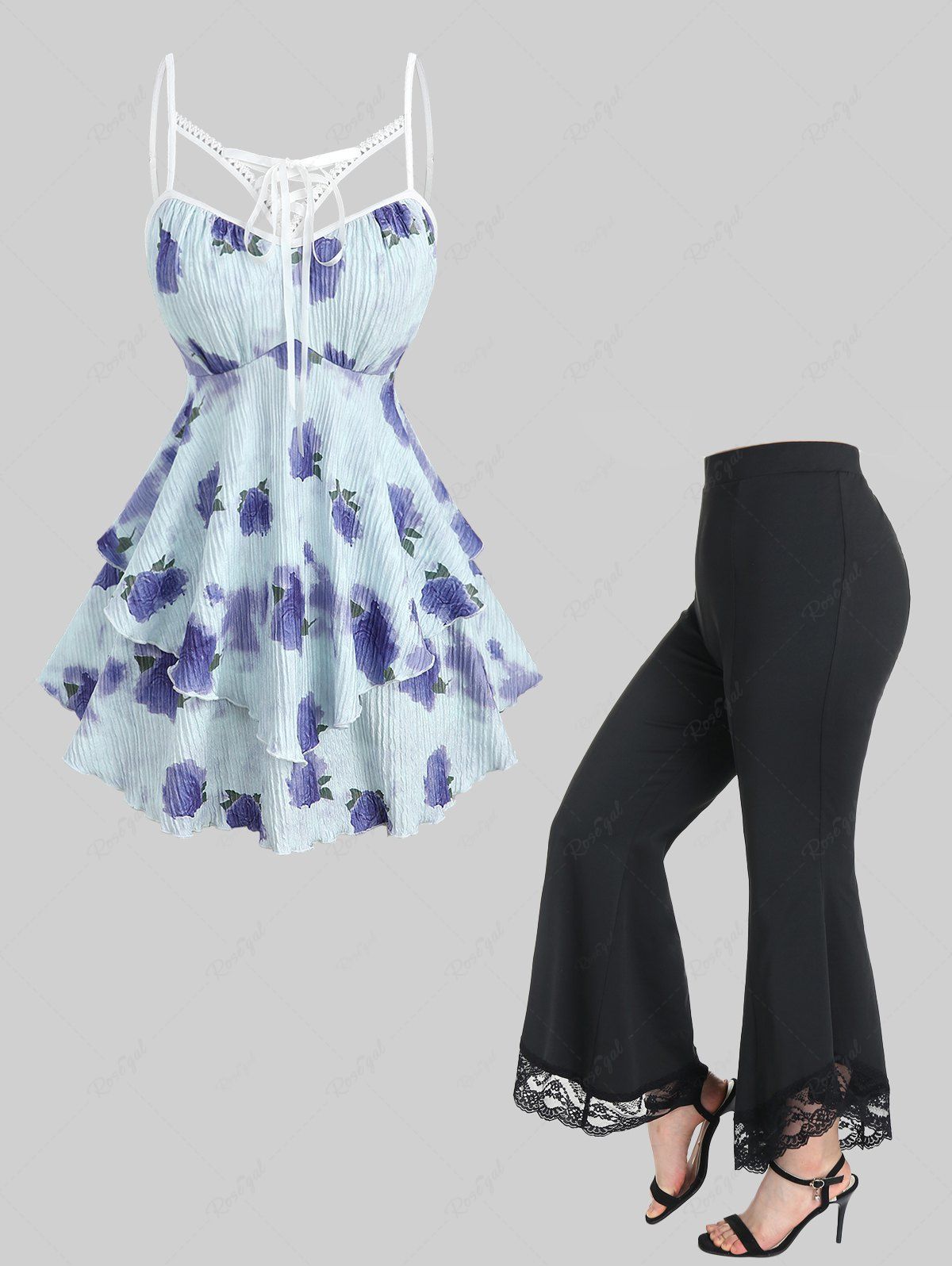 Shops Rose Flower Tie Dye Print Cut Out Ruffles Top and Lace Panel High Waisted Flare Pants Plus Size Outfit  