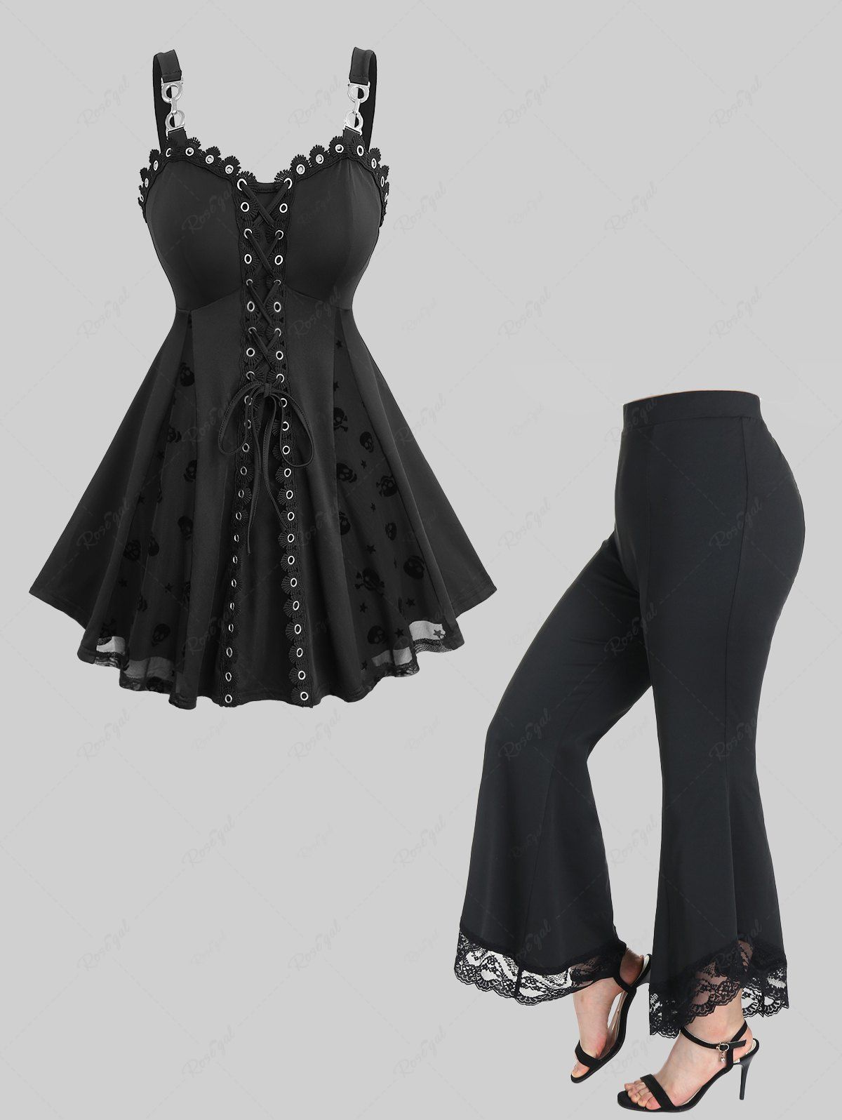 Sale Flower Mesh Embroidery Jacquard Patchwork Top and Lace Panel High Waisted Flare Pants Plus Size Outfit  
