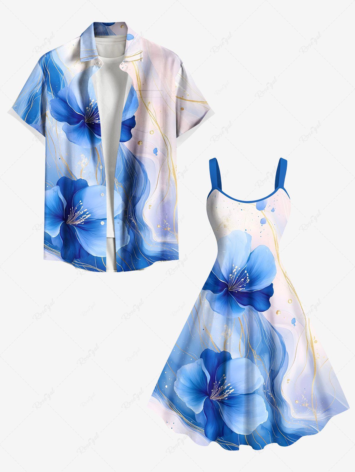 Tenue de plage hawaïenne assortie grande taille à imprimé floral ombré aquarelle pour couples Bleu 