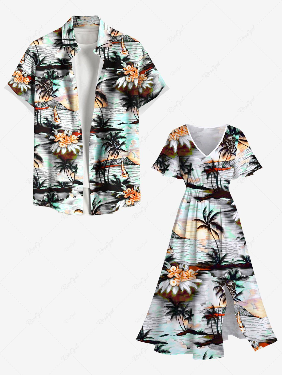 Tenue de plage hawaïenne assortie grande taille à imprimé cocotier et fleurs d'hibiscus pour couples Blanc 