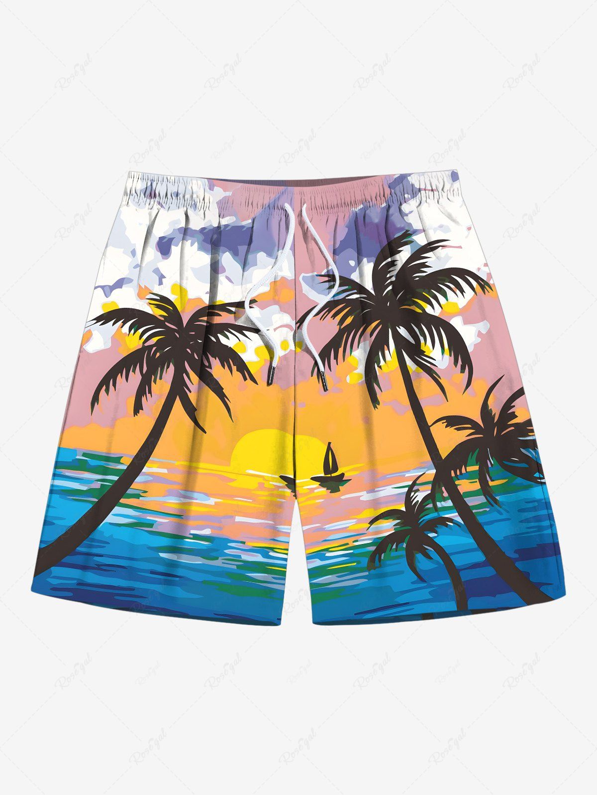 Latest Plus Size Coconut Tree Sea Cloud Print Hawaii Drawstring Beach Shorts For Men  